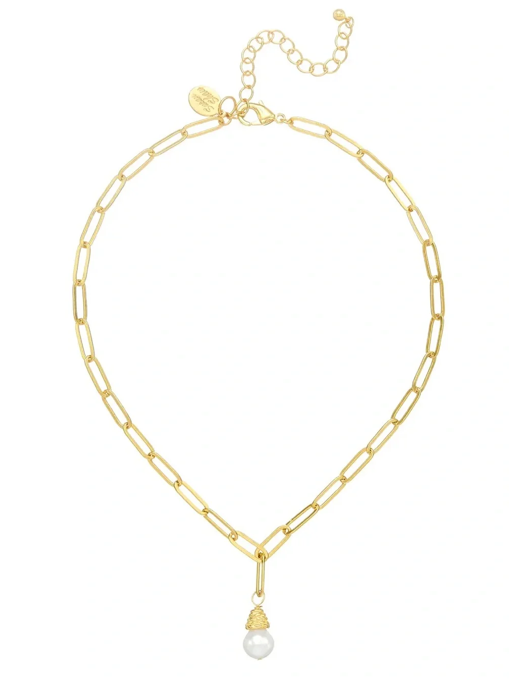 Gold Paperclip Chain Necklace with Pearl Drop - Picture 1 of 2